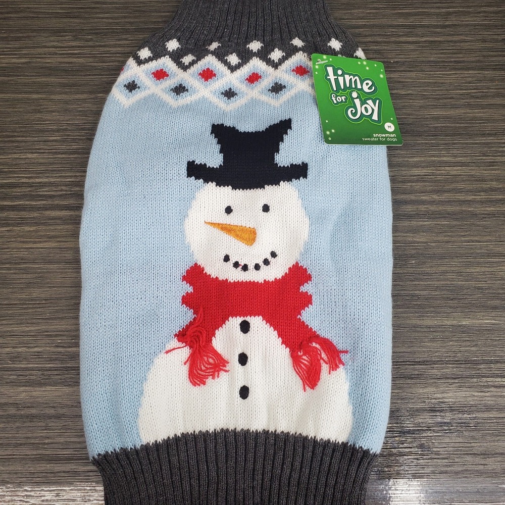 Time For Joy Medium Pet Winter Christmas Sweater With Snowman Light Blue